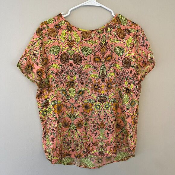H&M Womens Neon Orange Pink Blouse 12 Floral Colorful High Low Summer Festival - Picture 4 of 7